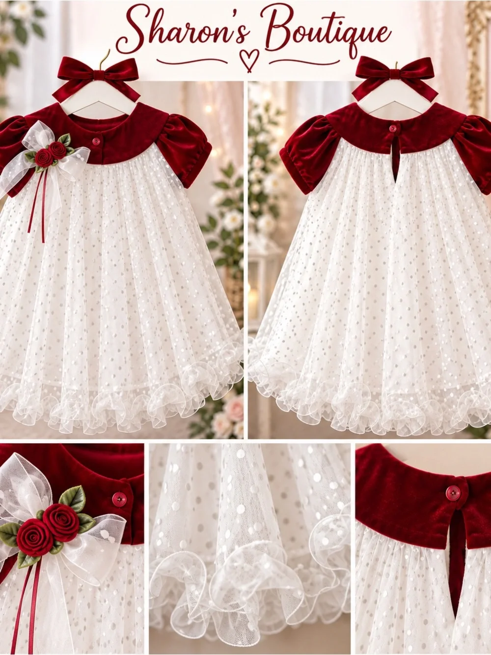 Rare Editions Girls 2T Red Velvet Ivory Tulle Polka Dot Holiday Dress
